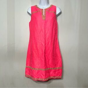 Vineyard Vines Dress Shimmer Linen Tunic Sleeveless Hot Pink Gold Embroidery 0 S
